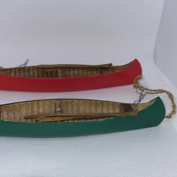 2 Canoe & Paddles Christmas Ornaments Red & Green Rustic Vintage - Picture 2 of 6
